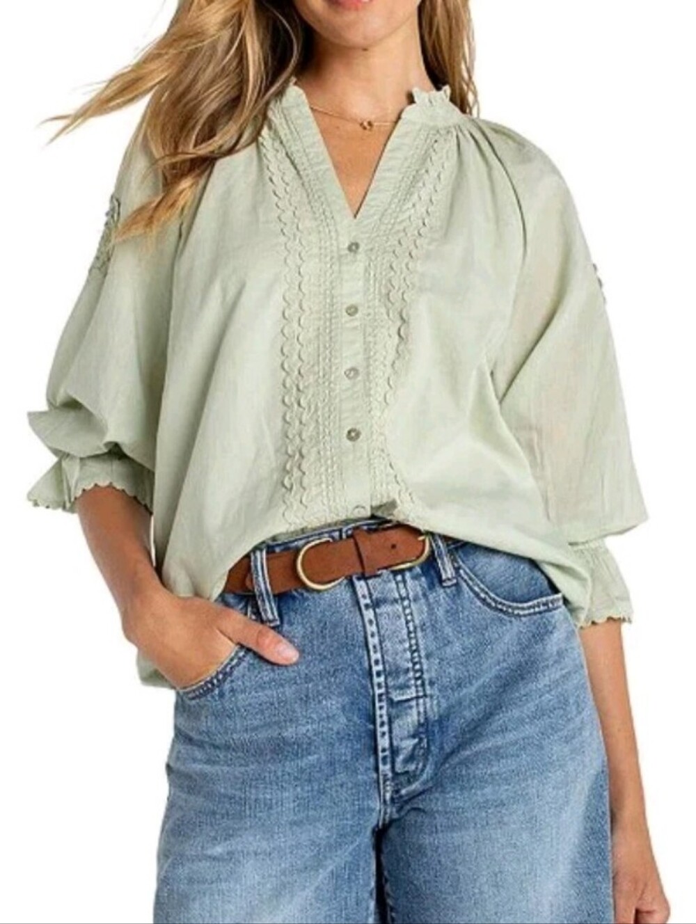 Liverpool Los Angeles 3/4 Sleeve Button Front Woven Top Embroidery in Matcha - M